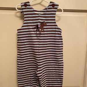 Patsy Aiken, 18 months, light blue and brown stripe longall